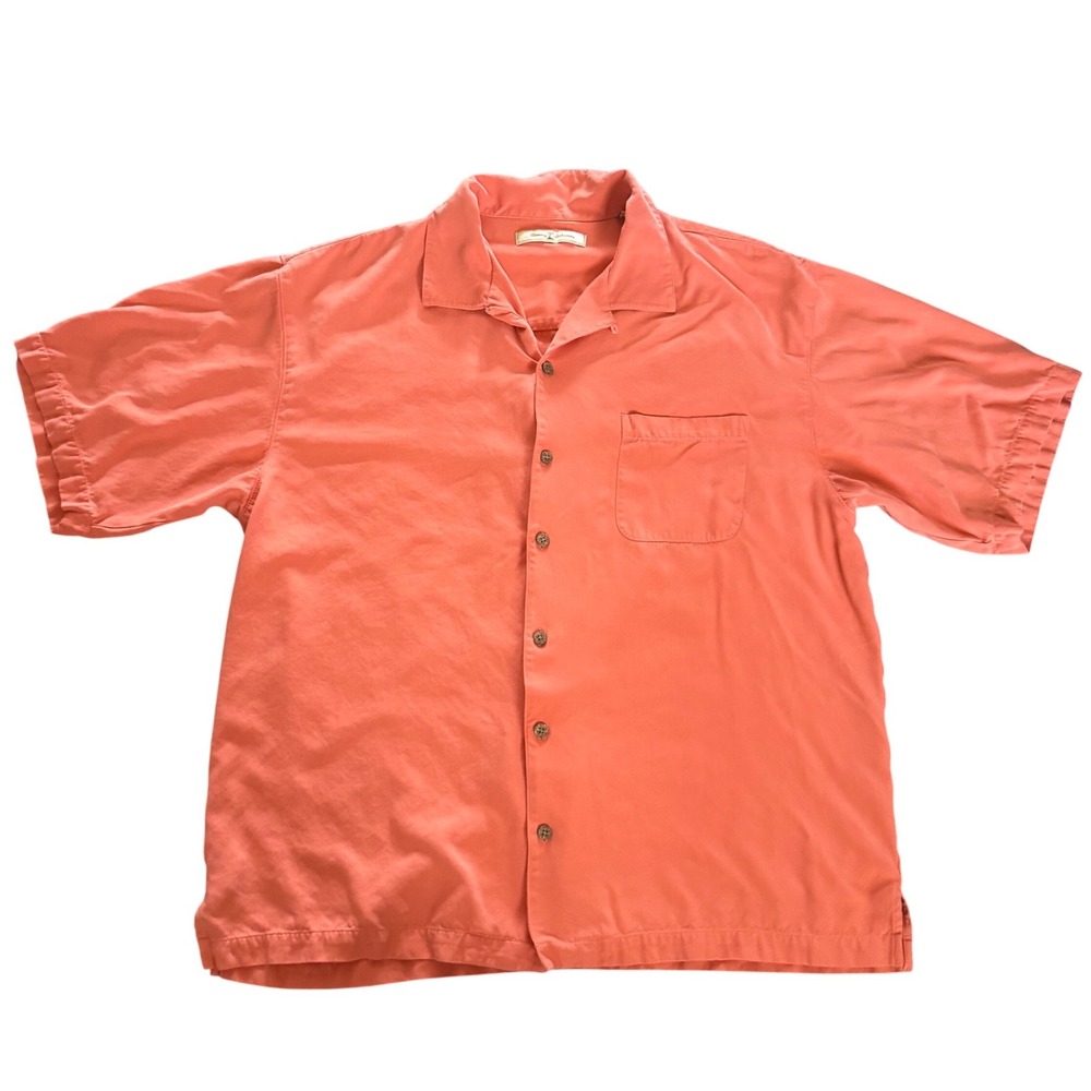Tommy‎ Bahama 100% Silk Camp Shirt XL Coral / Salmon Button Up Short Sleeve